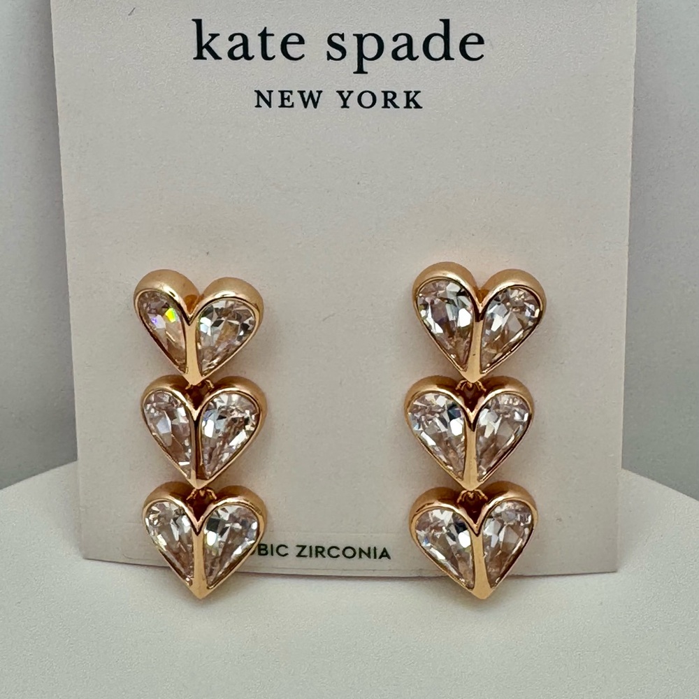 KATE SPADE Rock Solid Stone Linear Heart Earrings NWT Rose Gold Tone